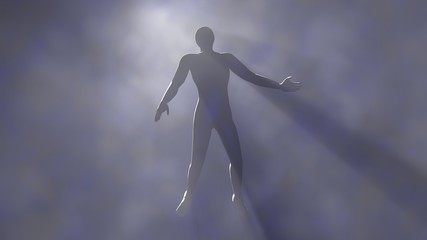 Fototapeta na wymiar Man floating in fog, mist.Silhouette, shadow figure. 3d rendering