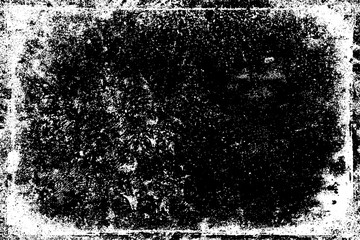 Texture of scratches, cracks, dust, chips, scuffs. Abstract monochrome grunge background. Vintage black and white surface. Vector dark dirty pattern