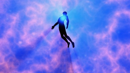 Fototapeta na wymiar Man floating, rising into space , heavens. Astral plane. Silhouette. 3d rendering