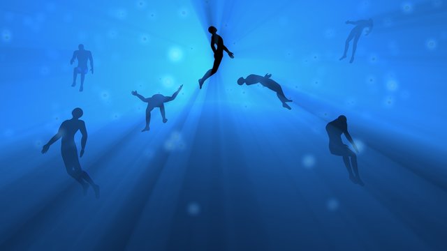 People Floating In Blue Fog, Water, Mist. Astral Plane. Silhouette. 3d Rendering