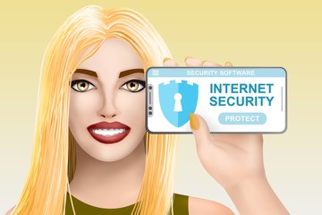 Concept Internet security software. Drawn beautiful girl on colourful background. Illustration