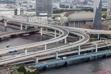 Giant multi-storey road junction in the center of the modern big metropolis city