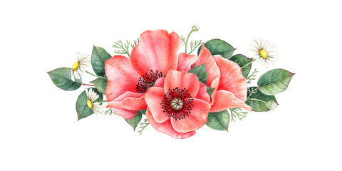 Naklejki  Akwarela ilustracja botaniczna. Kompozycja kwiatowa z polnych kwiatów i liści. Ręcznie malowany element projektu na białym tle.
