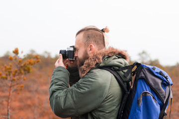 Hiking in forest. Camp, adventure, traveling concept.
