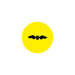 Halloween symbol. Icon of flying bat. Black bat. Silhouette.. Night view of full moon and flying bat. Cartoon. Vector illustration.