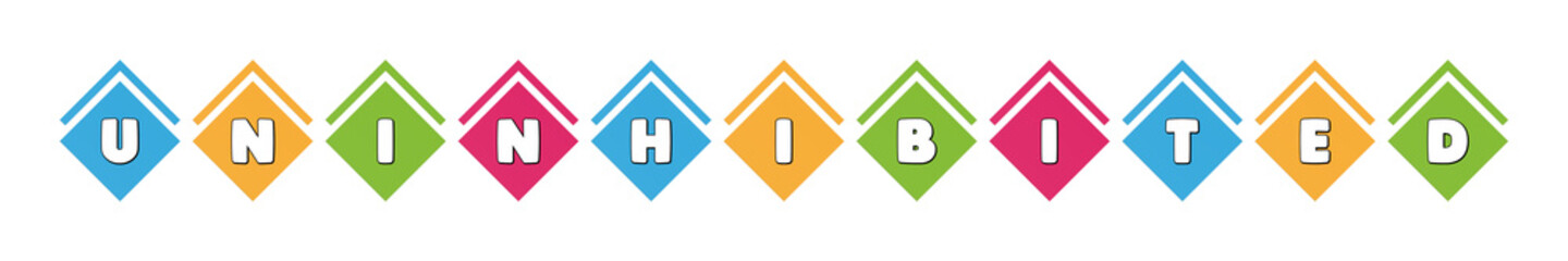 Uninhibited - typography in multi-colored boxes on white background