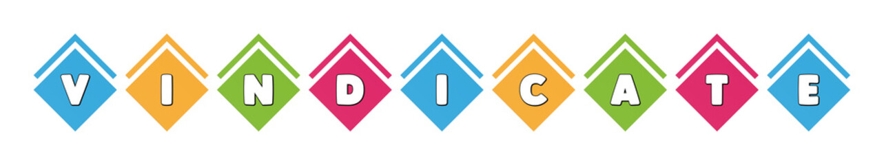 Vindicate - typography in multi-colored boxes on white background