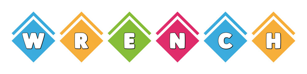 Wrench - typography in multi-colored boxes on white background