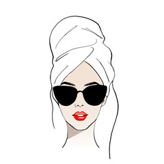 Beauty spa face with red lips and with sunglasses, pretty woman in towel and in bathrobe. Portrait girl shining purity. Fashion, style, beauty. Graphic, sketch drawing. Stock Vector illustration