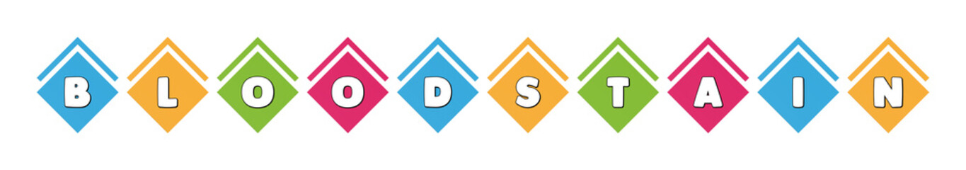 Bloodstain - typography in multi-colored boxes on white background