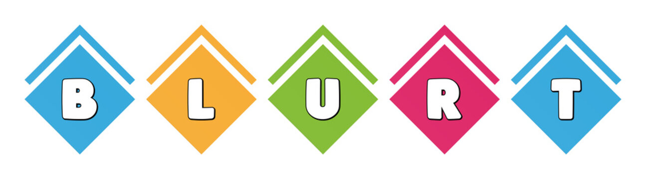 Blurt - typography in multi-colored boxes on white background