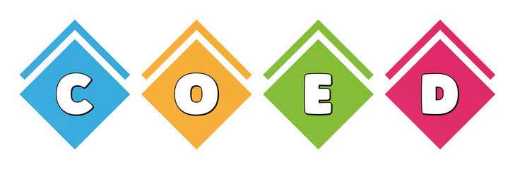 Coed - typography in multi-colored boxes on white background