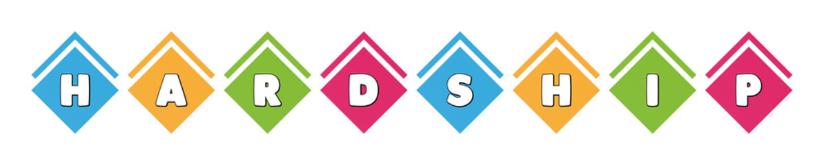 Hardship - typography in multi-colored boxes on white background