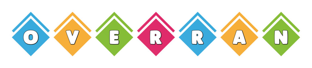 Overran - typography in multi-colored boxes on white background
