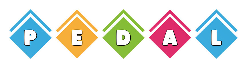 Pedal - typography in multi-colored boxes on white background