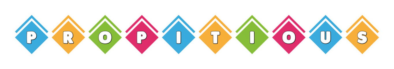 Propitious - typography in multi-colored boxes on white background