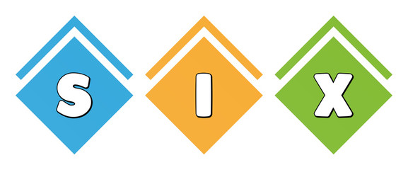 Six - typography in multi-colored boxes on white background