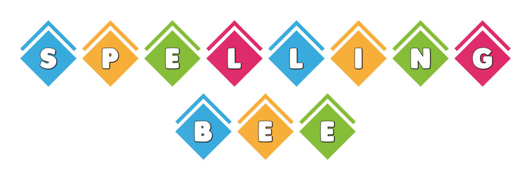 Spelling Bee - typography in multi-colored boxes on white background