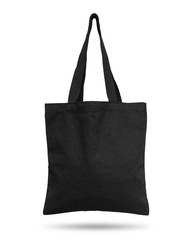 Black fabric bag isolated on white background. Cloth handbag for your design. Recycled material....