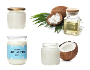 Set with coconut oil on white background