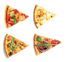 Set with different pizza slices on white background, top view