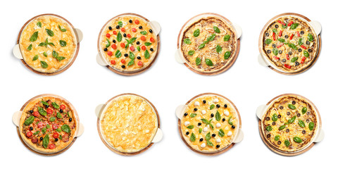 Set with different delicious pizzas on white background, top view