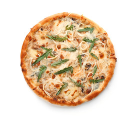 Delicious pizza with cheese on white background