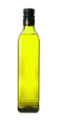 Glass bottle of oil on white background