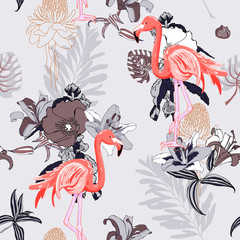 hand tekenen naadloos patroon met roze flamingo en tropische bladeren
