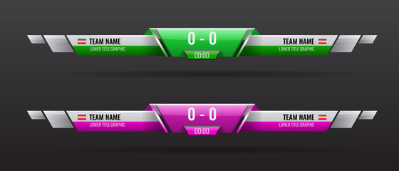 Sport scoreboard bars or lower third template with time and result display. Vector illustration.