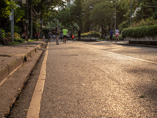 Selective focused on foreground at pathway with emotion blurred background. Rear view of people who are walking and running in public park. Low selection view of the way forward.