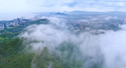 Aerial view of fog covered trees in the Valley beautiful autumn travel concept.