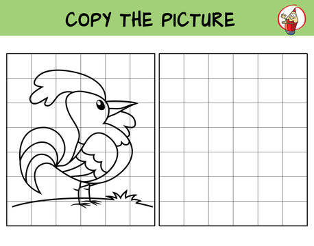 Rooster. Copy the picture. Coloring book. Educational game for children. Cartoon vector illustration