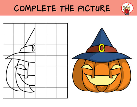 Complete the picture of a halloween pumpkin. Copy the picture. Coloring book. Educational game for children. Cartoon vector illustration