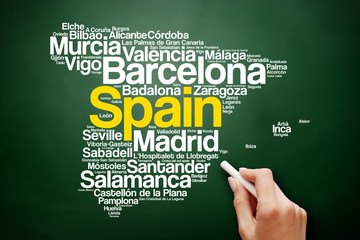 List of cities and towns in SPAIN, map word cloud collage, business and travel concept background.