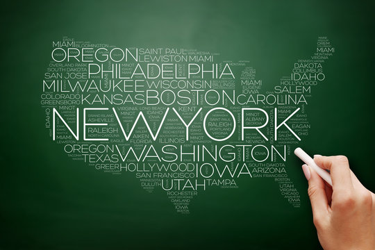 USA Map word cloud collage with most important cities.