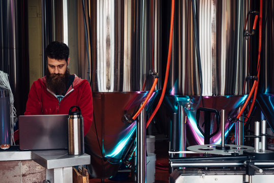 Microbrewery worker working on his laptop