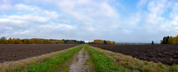 Road Between Ploughed Field Leading to Farm with Autumn Colour Trees