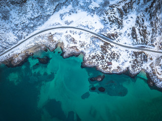 Aerial view on the road to Sommaroy on a crisp winters day