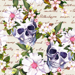 Human skulls, flowers for Dia de Muertos holiday. Seamless pattern with hand written text. Watercolor