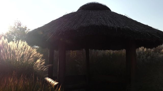Hut with thatch of grasses. 4K, UHD, 50p, Cinematic,Closeup, 						