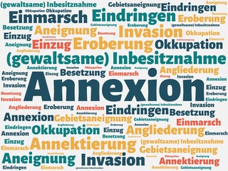 Das Wort - Annexion - abgebildet in einer Wortwolke mit zusammenhängenden Wörtern