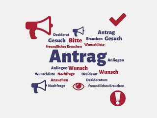 Das Wort - Antrag - abgebildet in einer Wortwolke mit zusammenhängenden Wörtern