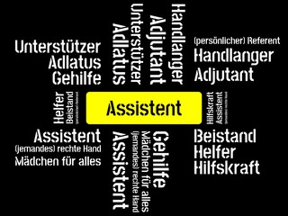 Das Wort - Assistent - abgebildet in einer Wortwolke mit zusammenhängenden Wörtern - obrazy, fototapety, plakaty