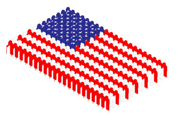 Isometric elderly man with cane icon pictogram in row, United States national flag shape concept design illustration isolated on white background, Editable stroke