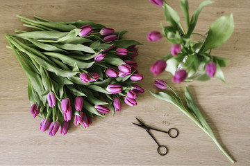 Tulips arrangement on kitchen counter