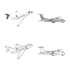 Vector design of plane and transport sign. Set of plane and sky vector icon for stock.