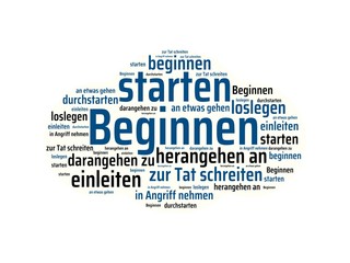 Das Wort - Beginnen - abgebildet in einer Wortwolke mit zusammenhängenden Wörtern