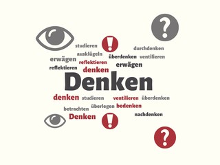 Das Wort - Denken - abgebildet in einer Wortwolke mit zusammenhängenden Wörtern