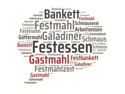 Das Wort - Festessen - abgebildet in einer Wortwolke mit zusammenh&auml;ngenden W&ouml;rtern